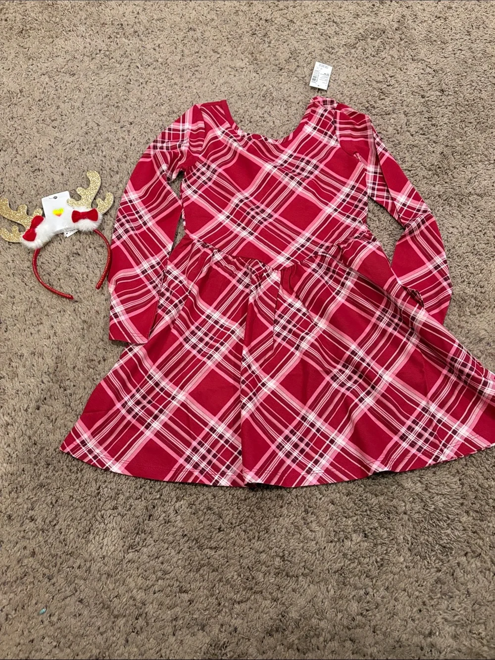 The Children's Place Gold Glitter Reindeer Headband and plaid dress